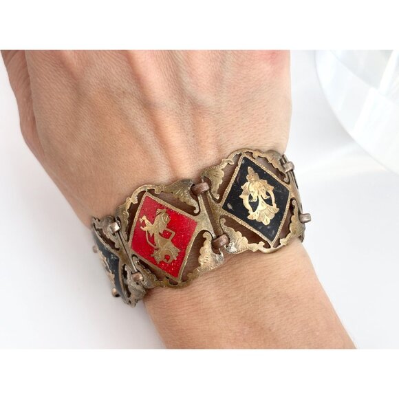 Silver Toned Multicolored Paneled Family Crest Sterling Silver Vintage Bracelet - Picture 9 of 10